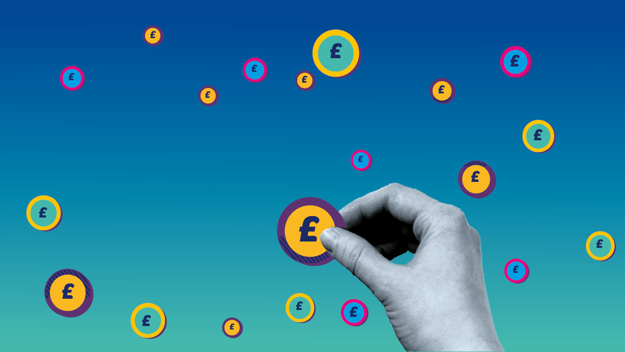 A branded banner showing the cost of living and hand holding a pound sign