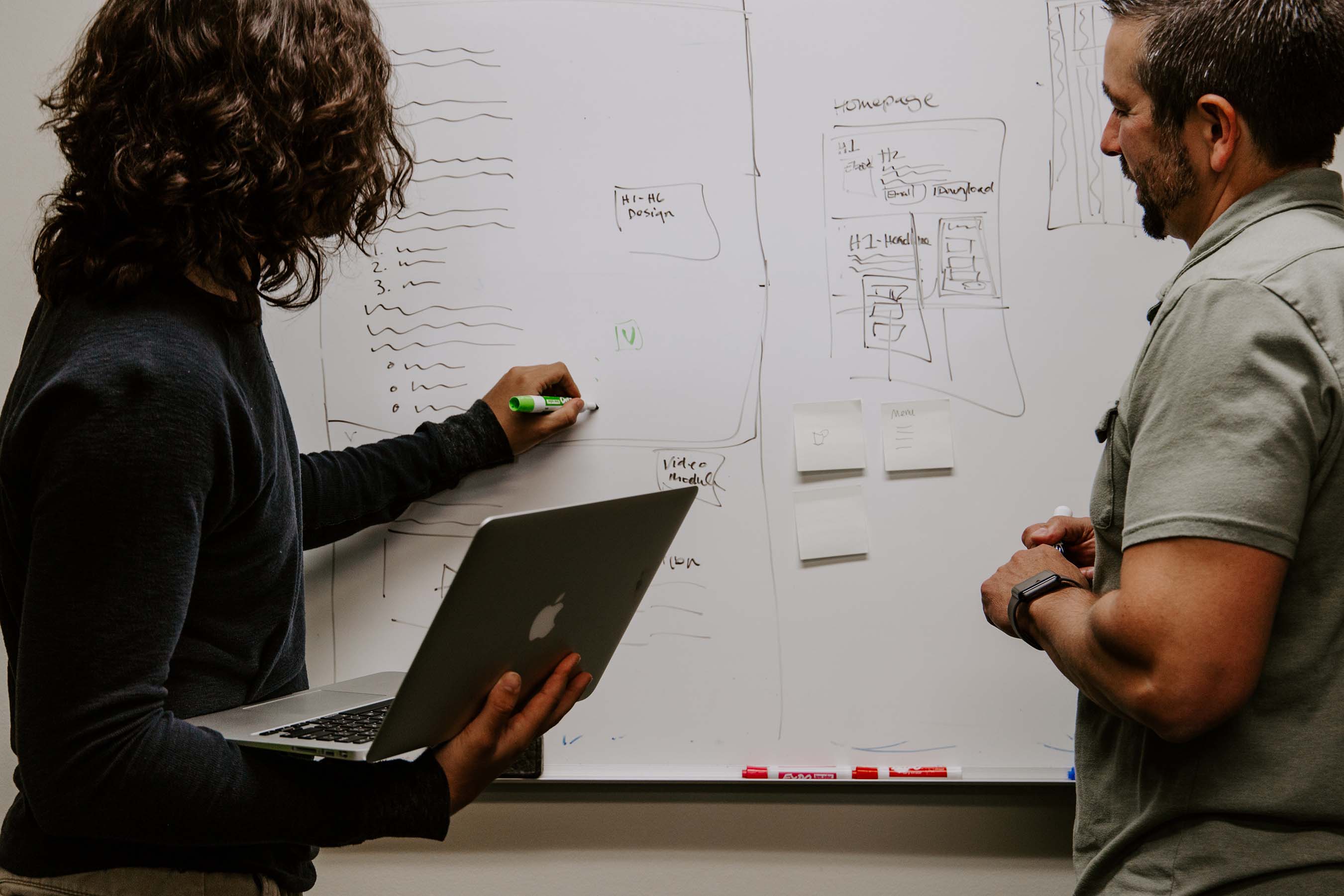 Two people making notes on a whiteboard