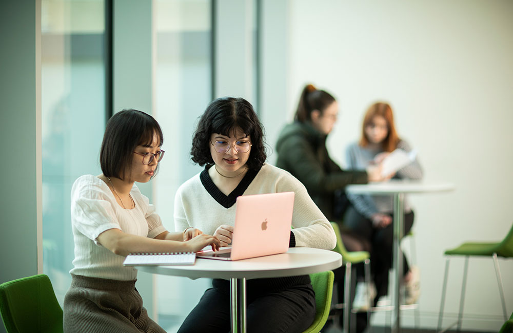 Two students sat together looking at a laptop device.