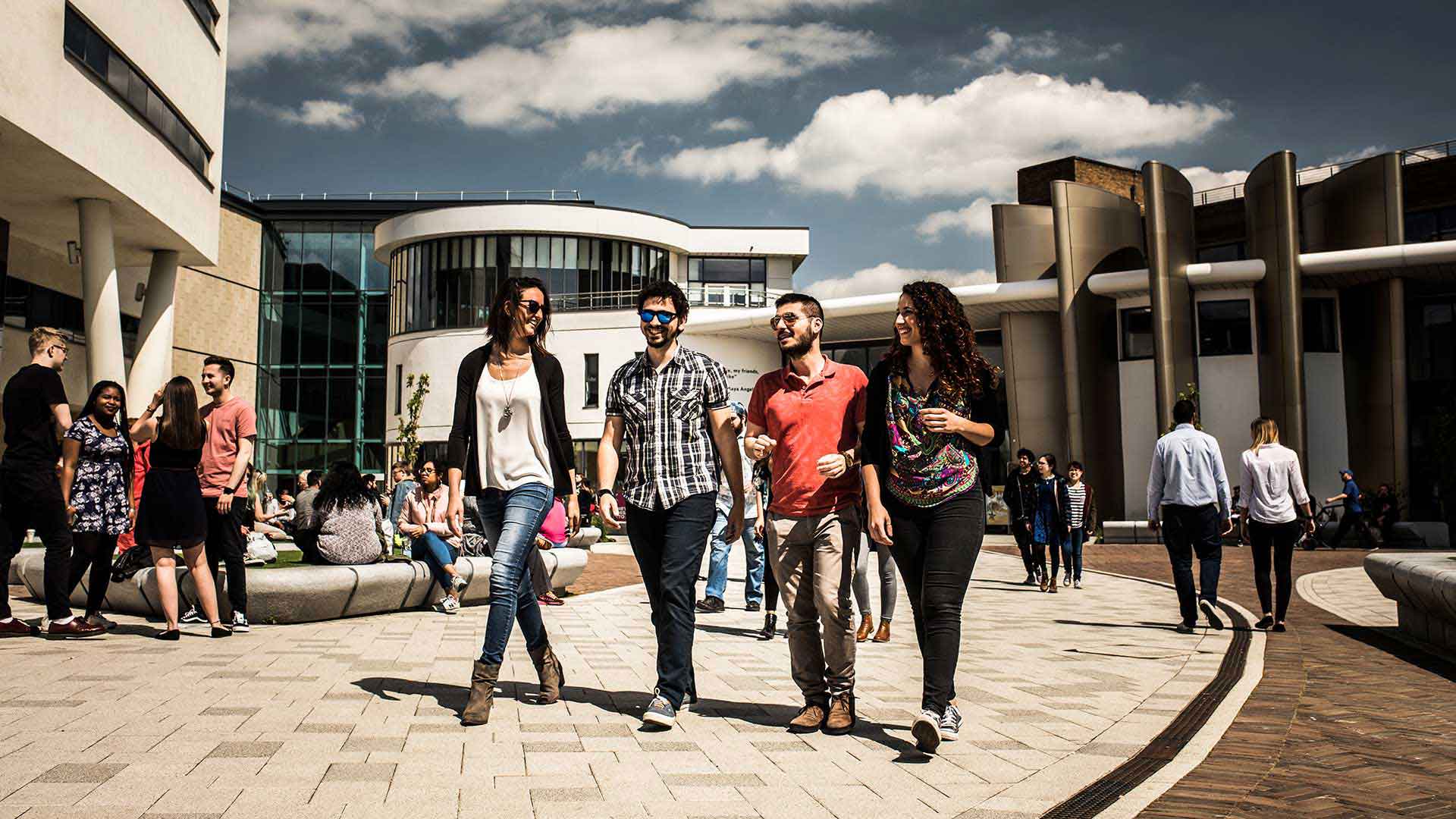 Students on campus outside Schwann building